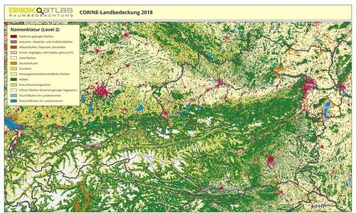 Darstellung der Landnutzung in Österreich auf Basis von CORINE Landcover-Date (2018)